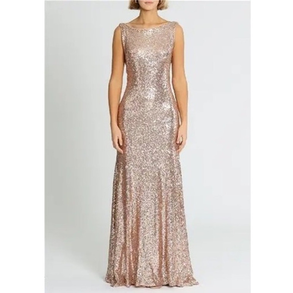 Theia Rose Gold Gemma Sleeveless Cut Sequin Embellishment Maxi Gown Size 4